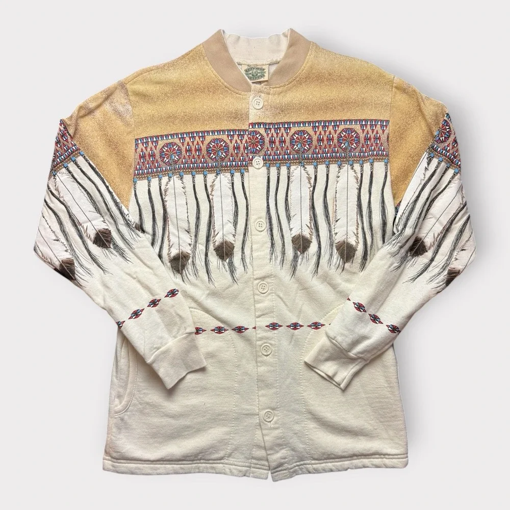 Fred Harvey Trading Company Southwestern Feather Graphic Button Sweatshirt S USA